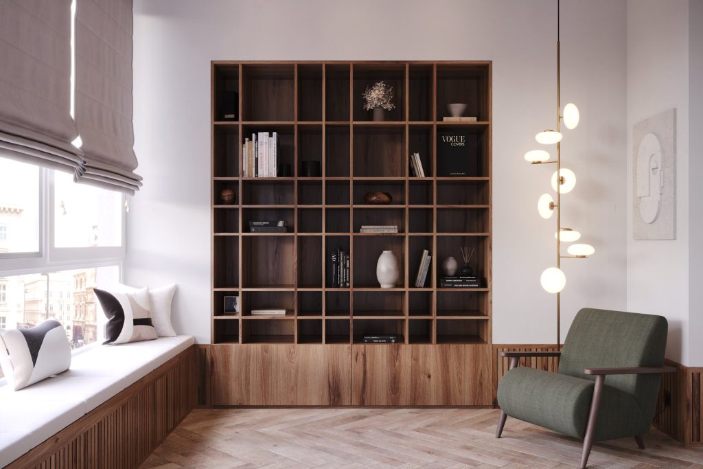 Intérieur moderne avec étagères en bois.