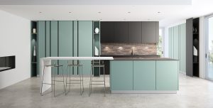 Cuisine moderne avec des couleurs pastel.