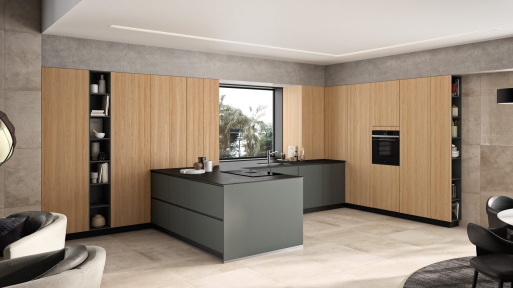 Cuisine moderne avec bois et gris.