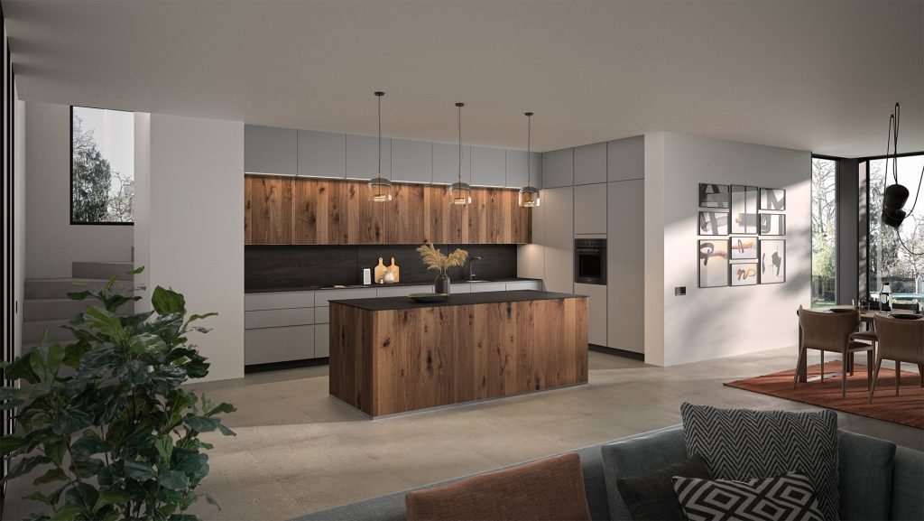 Cuisine moderne avec bois et lumière.