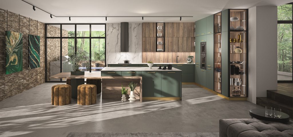 Cuisine moderne avec éléments naturels.