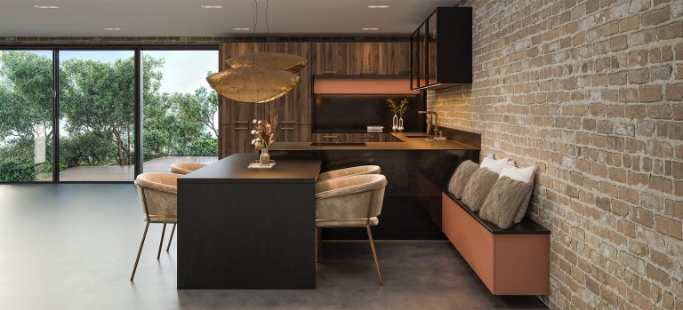 Cuisine moderne avec mur en briques