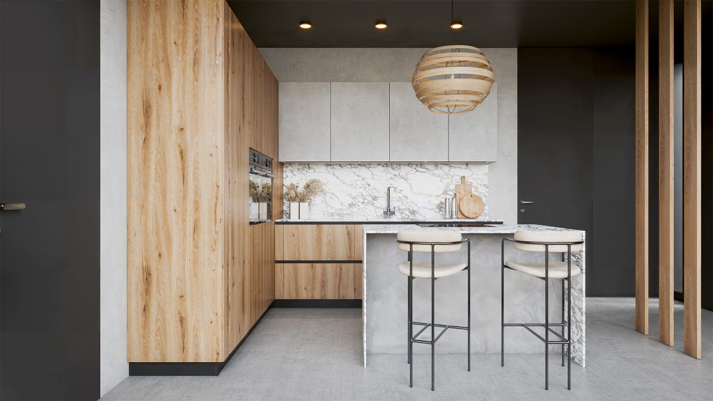 Cuisine moderne avec bois et marbre.