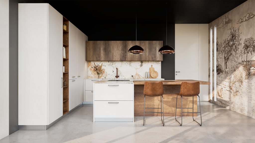 Cuisine moderne avec îlot central.