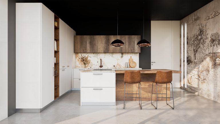 Cuisine moderne avec îlot central.