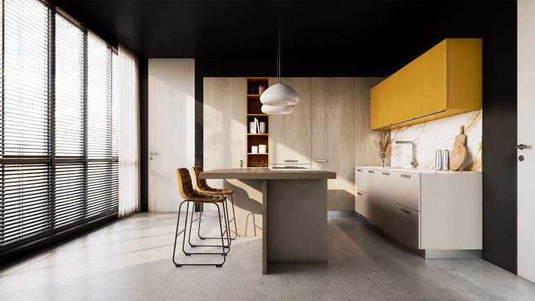 Cuisine moderne avec mobilier élégant.