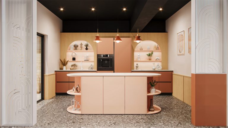 Cuisine moderne aux couleurs douces.