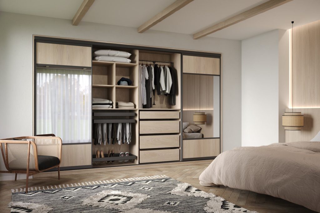 Chambre moderne avec rangement élégant.