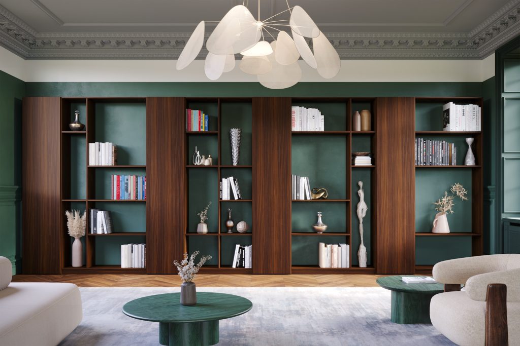 Bibliothèque moderne avec décoration élégante.