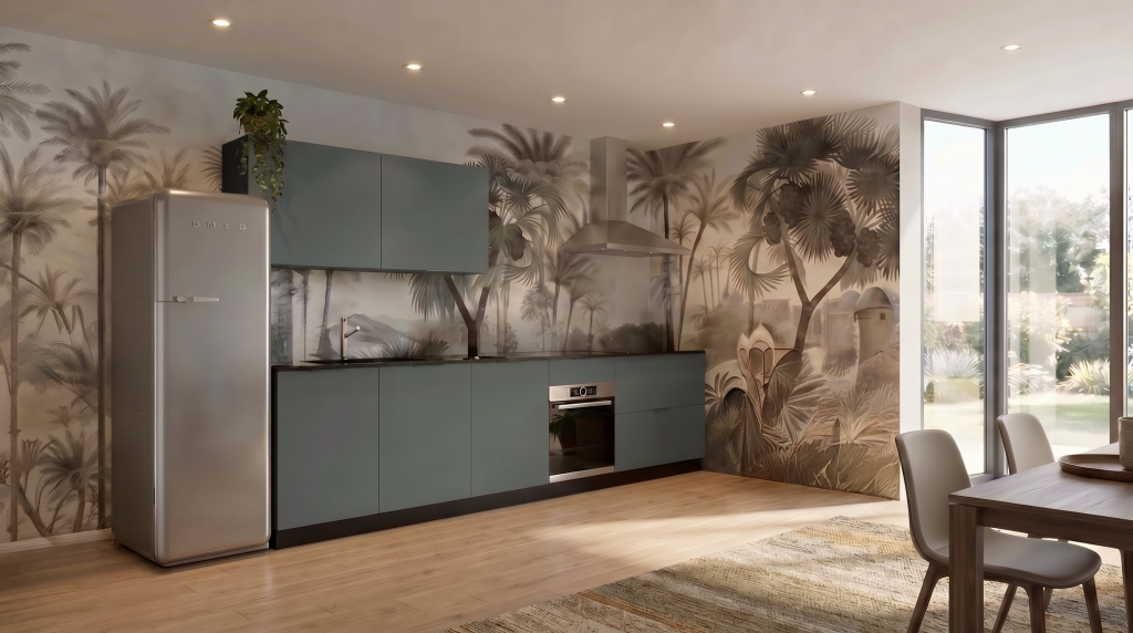 Cuisine moderne avec décor tropical.