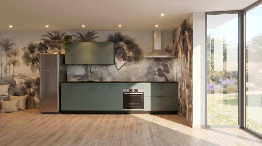 Cuisine moderne avec décor tropical.