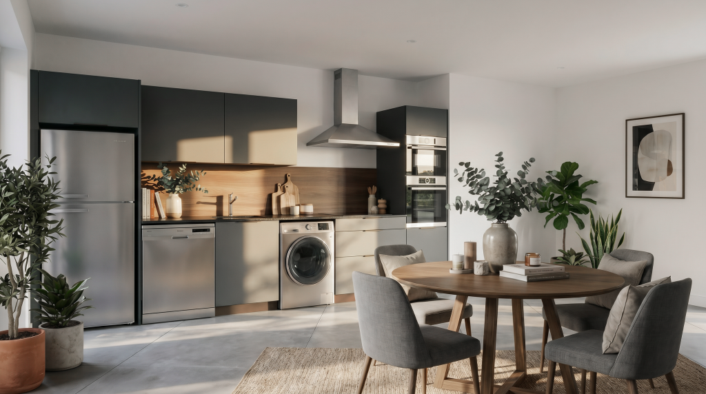 Cuisine moderne avec plantes et table.