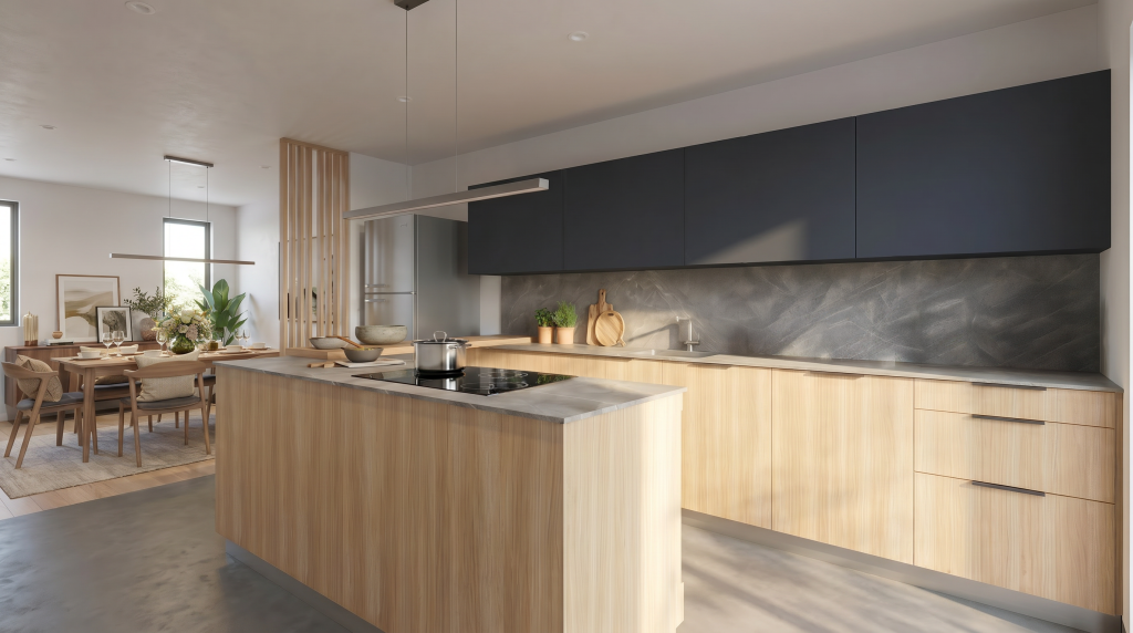 Cuisine moderne avec bois et noir.