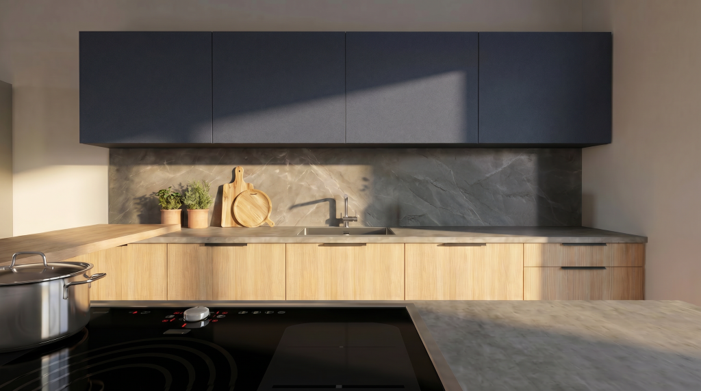 Cuisine moderne avec lumière naturelle.